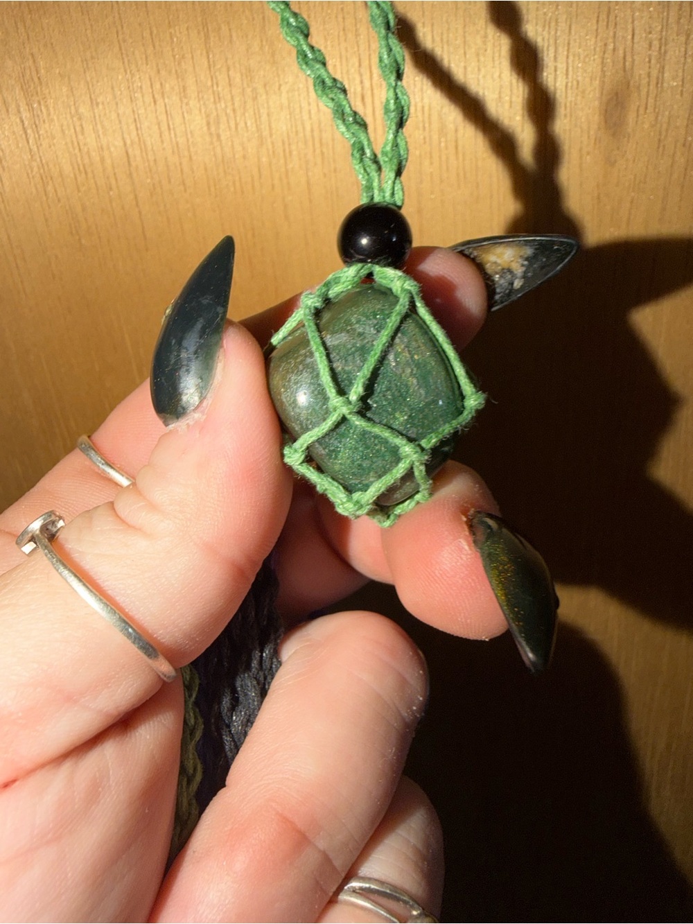 Handcrafted Green Stone Turtle Pendant Necklace - macrame adjustable